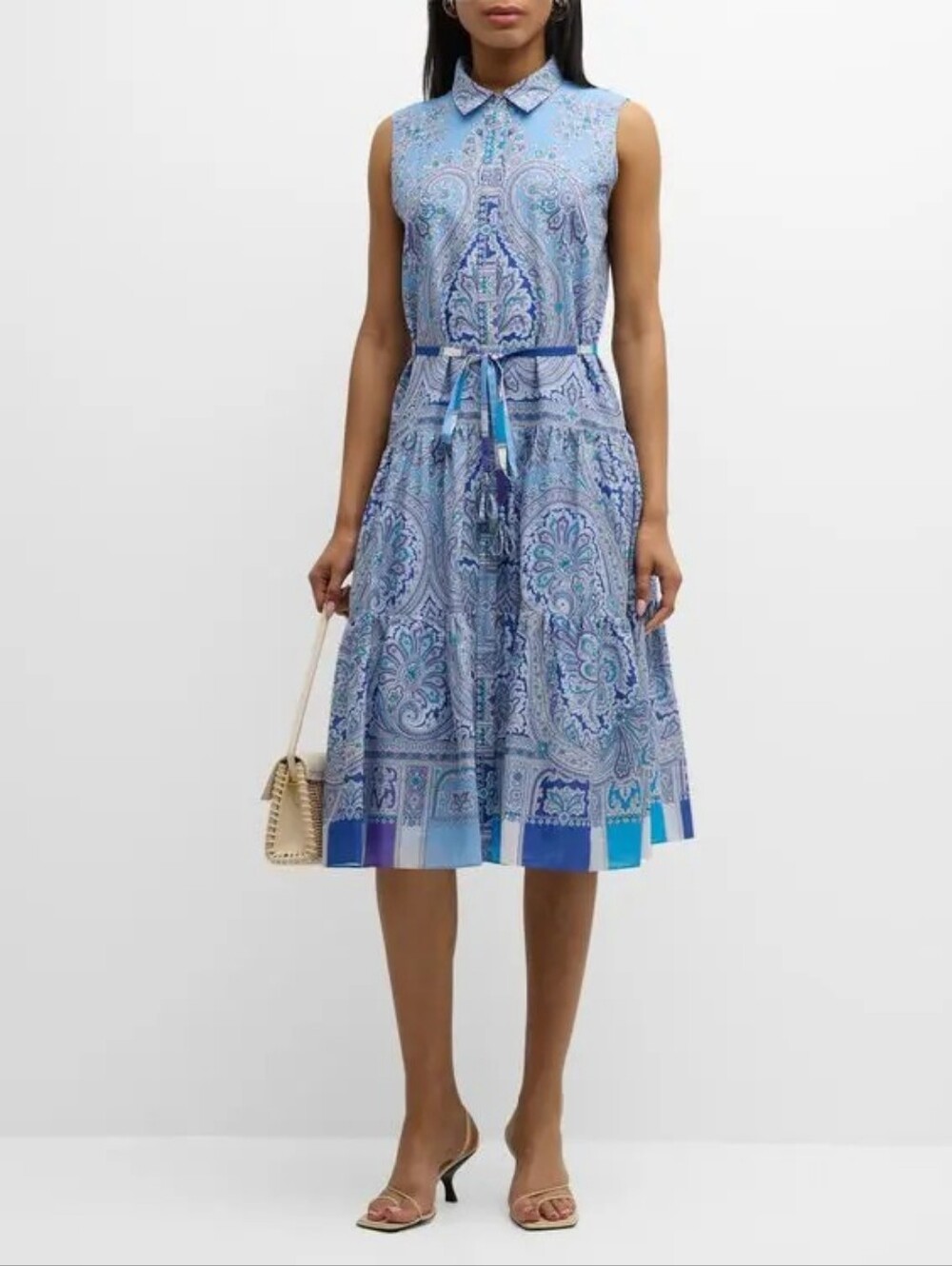 Kobi Halperin Women Vivi Tiered Paisley Midi Shirtdress Blue Sleeveless Size XS